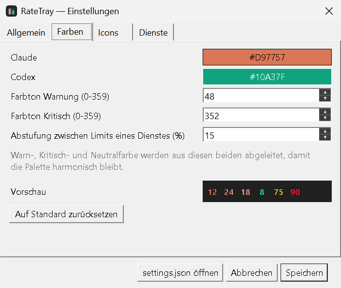 Einstellungen, Reiter Farben mit Live-Vorschau der Tray-Icons