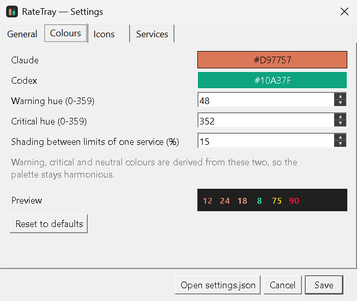 Settings, colours tab with a live preview of the tray icons