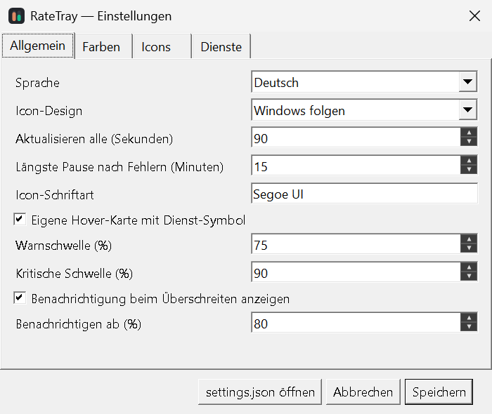 Einstellungen, Reiter Allgemein