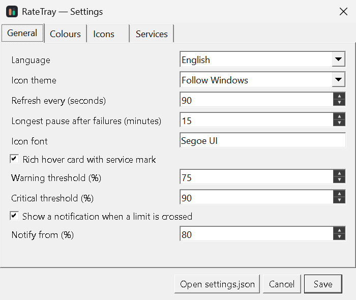 Settings, general tab